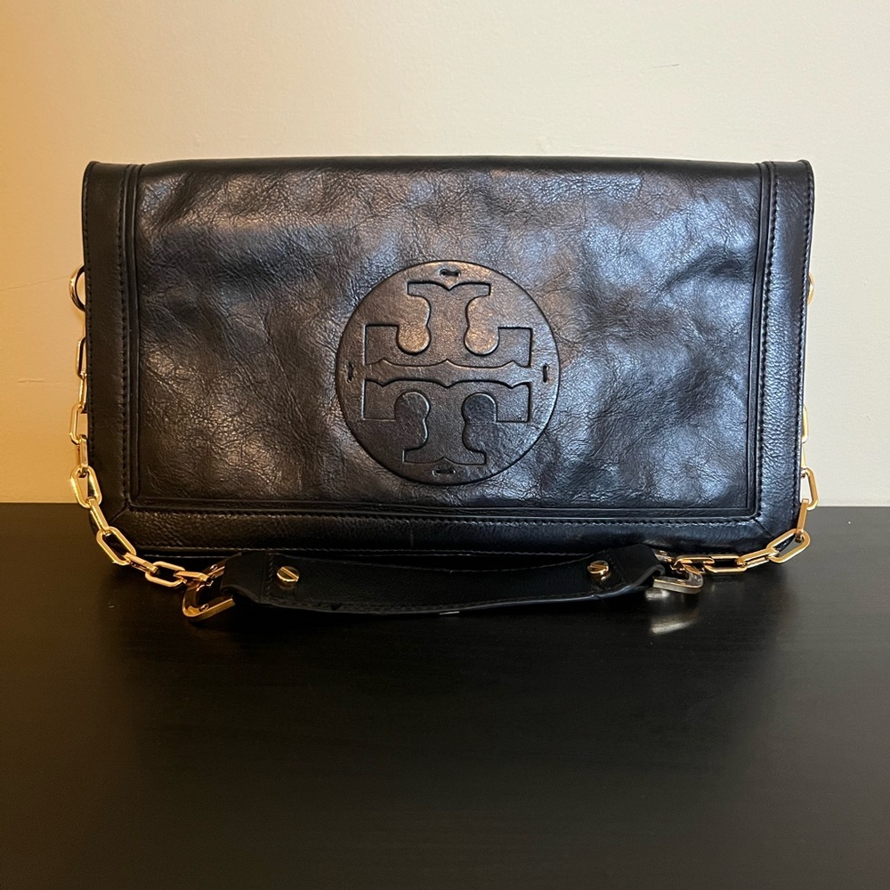 Tory Burch Black Leather Reva Chain Clutch